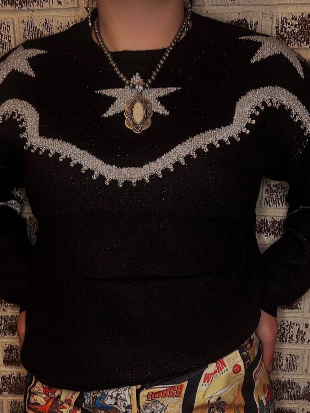 Black Sweater with Silver Star Yoke - Women